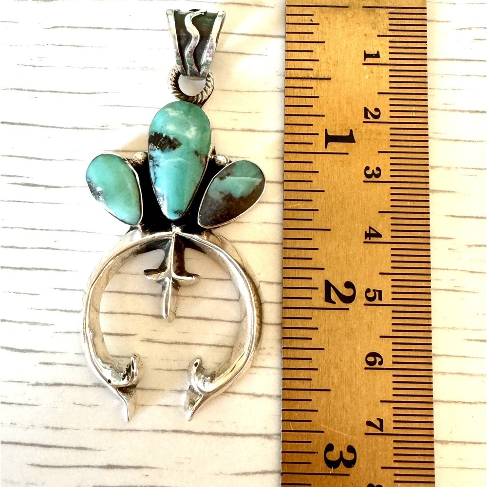 Navajo Naja Pendant Turquoise 2.75in Squash Blossom Sterling Irving Tsosie Crown - Picture 2 of 6